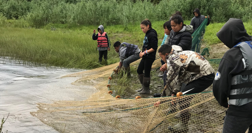 People pulling a fishing net out of a river, surrounded by green vegetation.